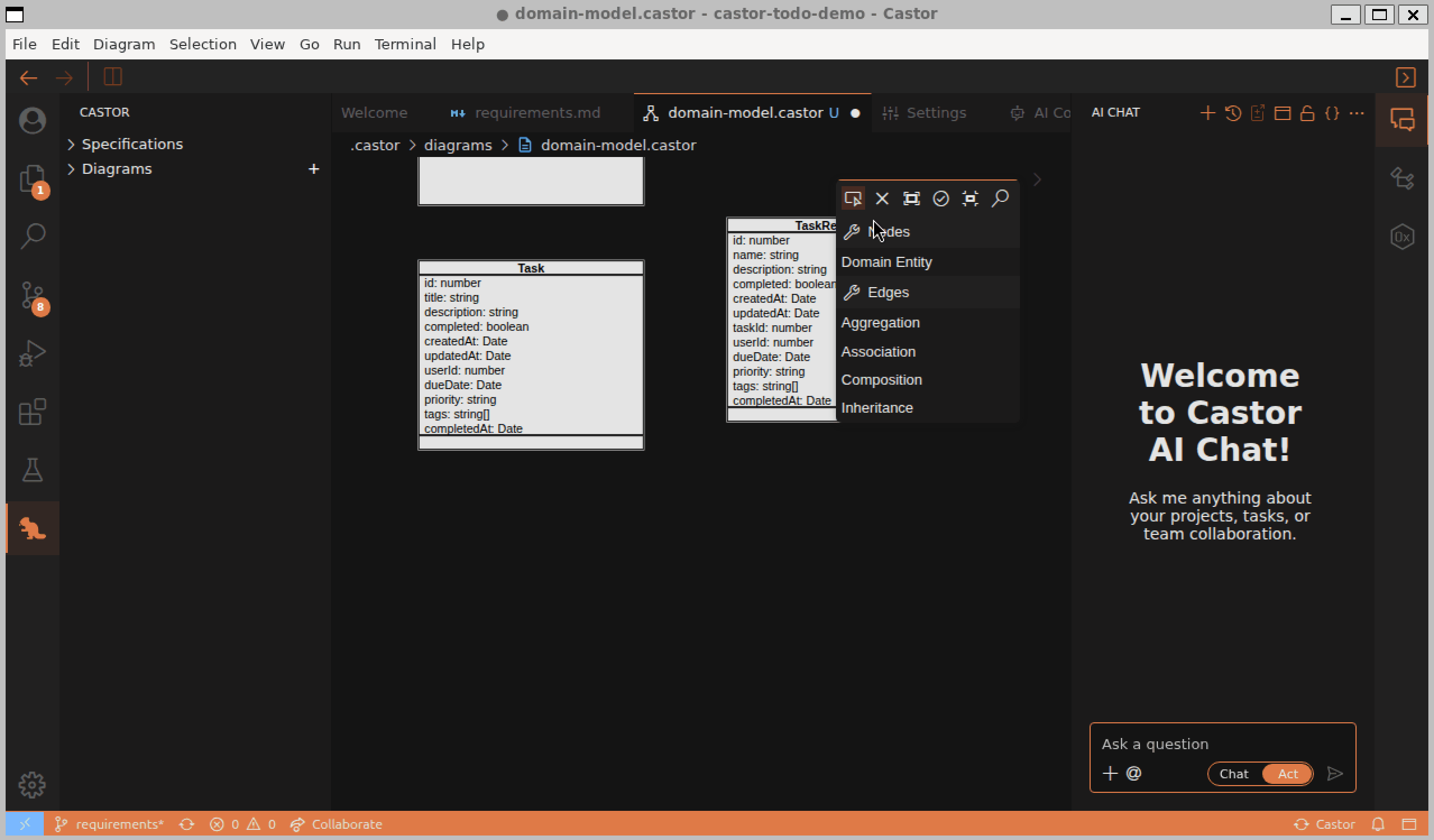 Walkthrough of adding entities, moving them, creating relations, and editing attributes and methods
